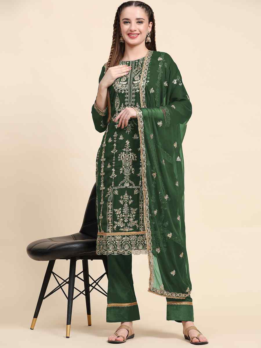 Green Faux Georgette Embroidered Festival Mehendi Pant Salwar Kameez