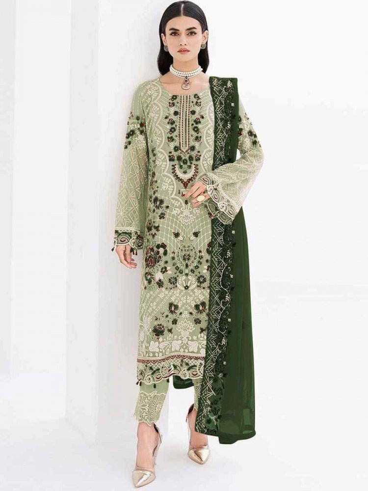 Green Faux Georgette Embroidered Festival Mehendi Pant Salwar Kameez