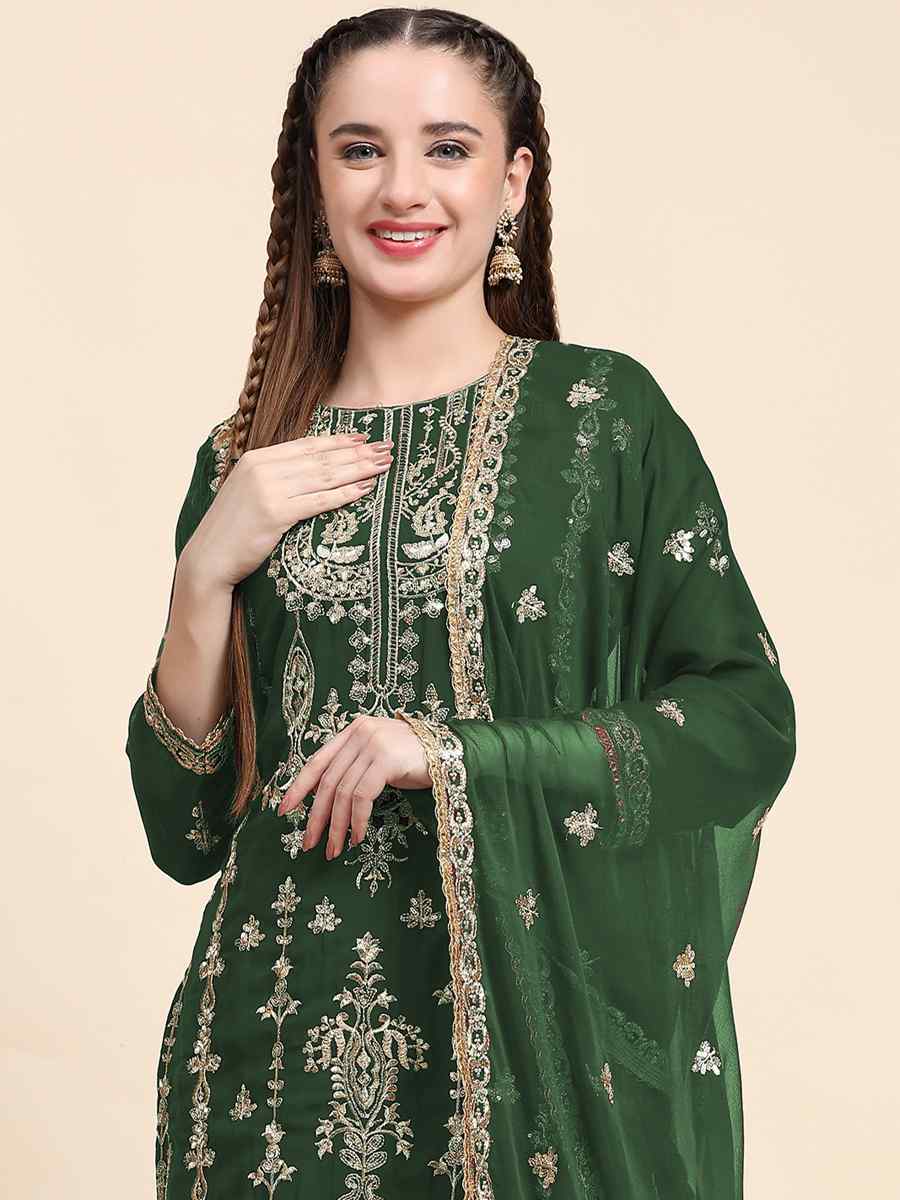 Green Faux Georgette Embroidered Festival Mehendi Pant Salwar Kameez