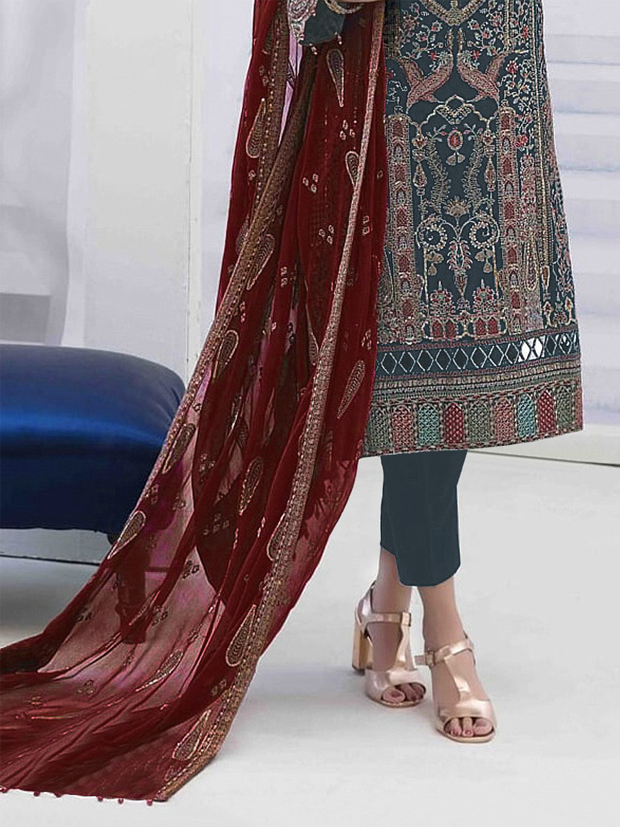 Green Faux Georgette Embroidered Festival Mehendi Pant Salwar Kameez