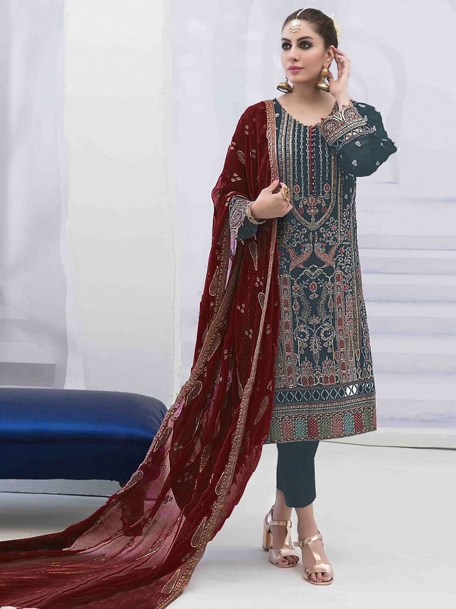 Green Faux Georgette Embroidered Festival Mehendi Pant Salwar Kameez
