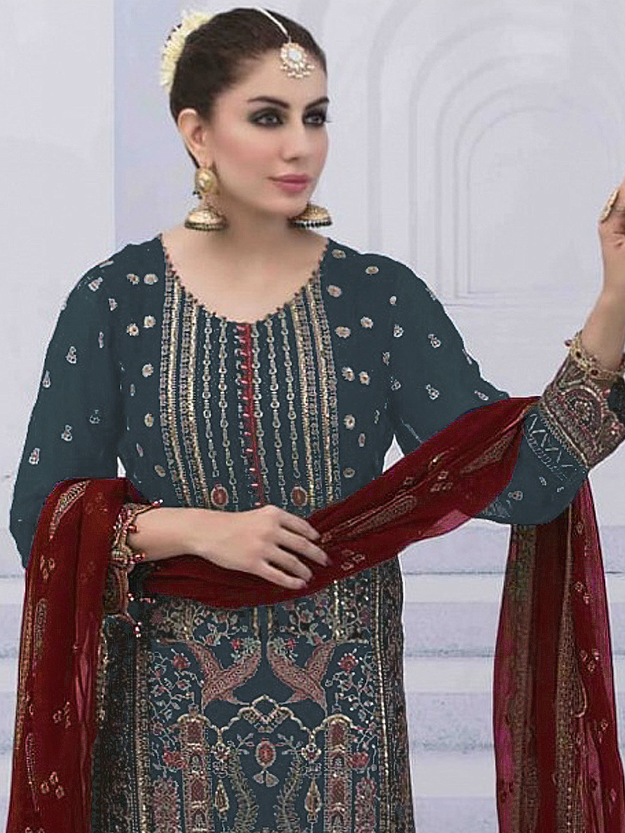 Green Faux Georgette Embroidered Festival Mehendi Pant Salwar Kameez