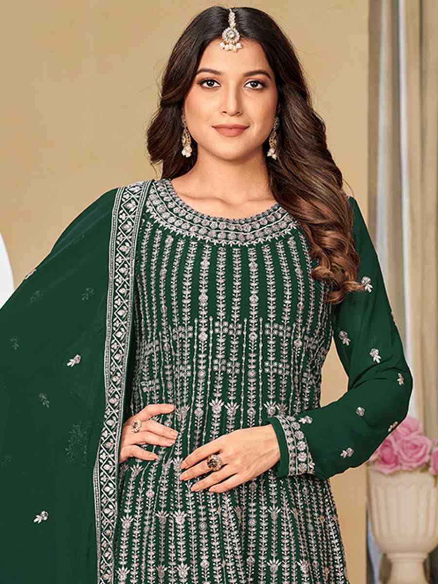 Green Faux Georgette Embroidered Festival Mehendi Sharara Pant Salwar Kameez