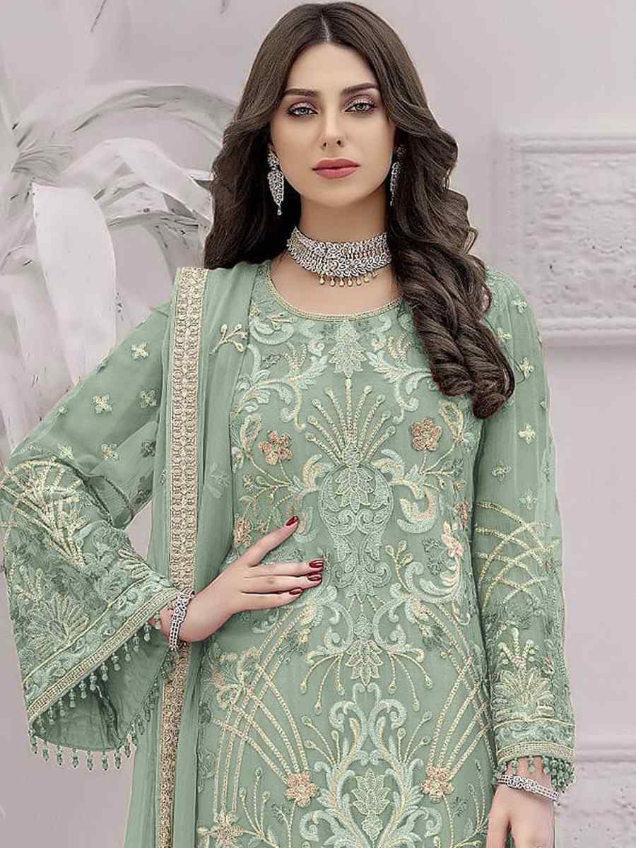 Green Faux Georgette Embroidered Festival Party Palazzo Pant Salwar Kameez
