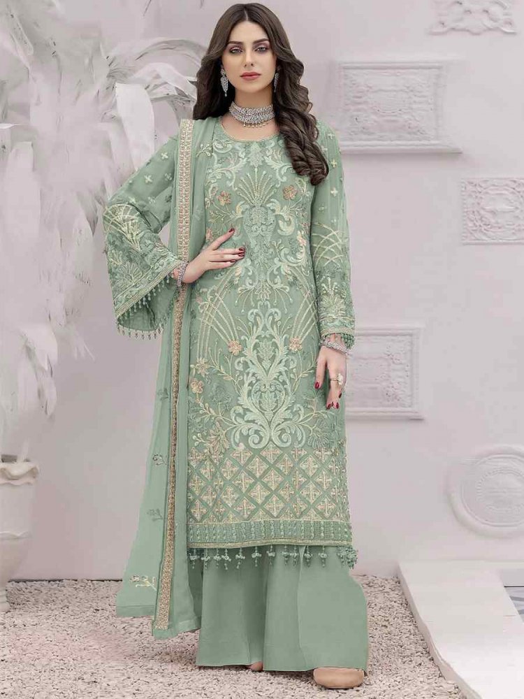 Green Faux Georgette Embroidered Festival Party Palazzo Pant Salwar Kameez