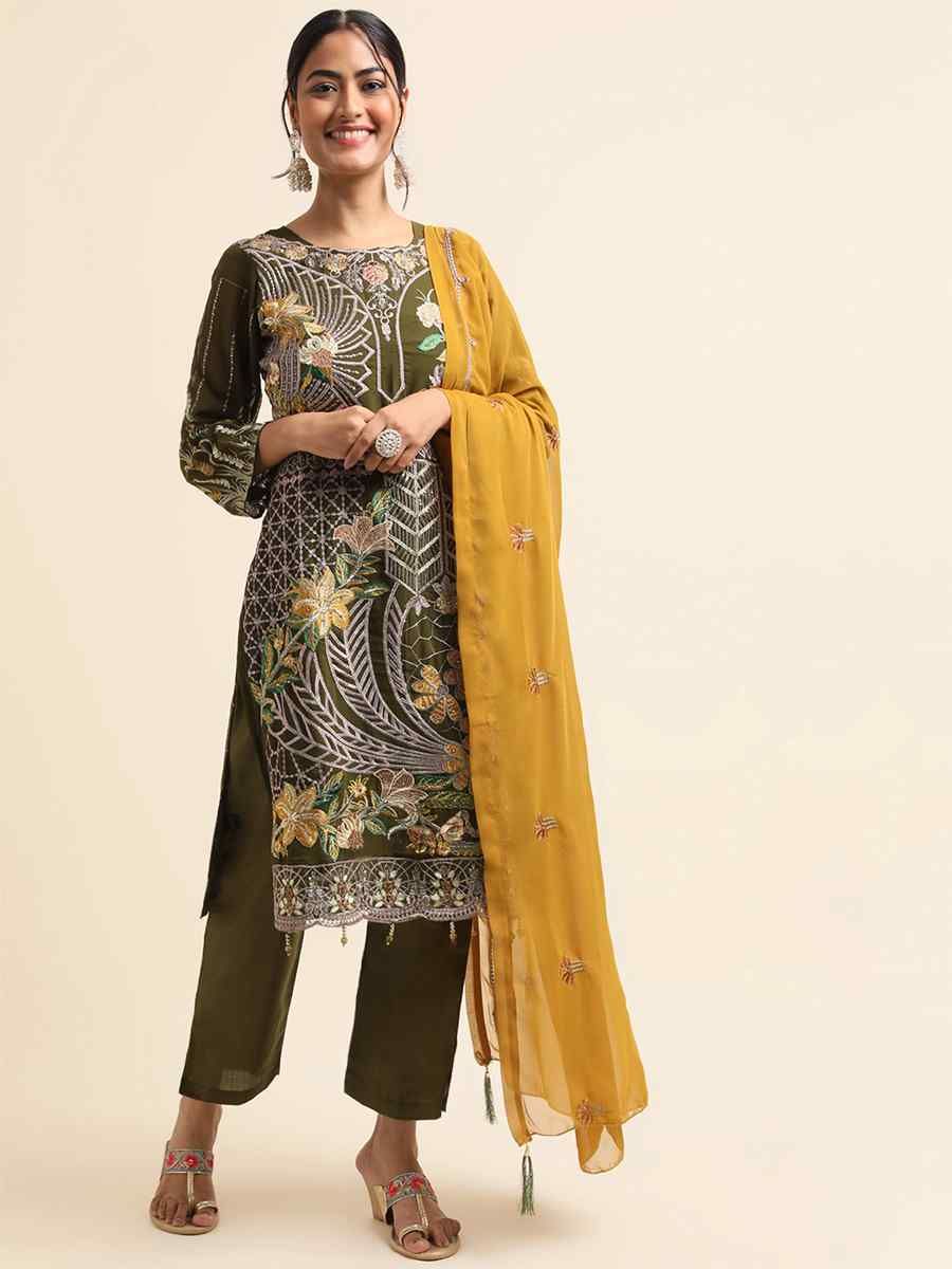 Green Faux Georgette Embroidered Festival Party Pant Salwar Kameez