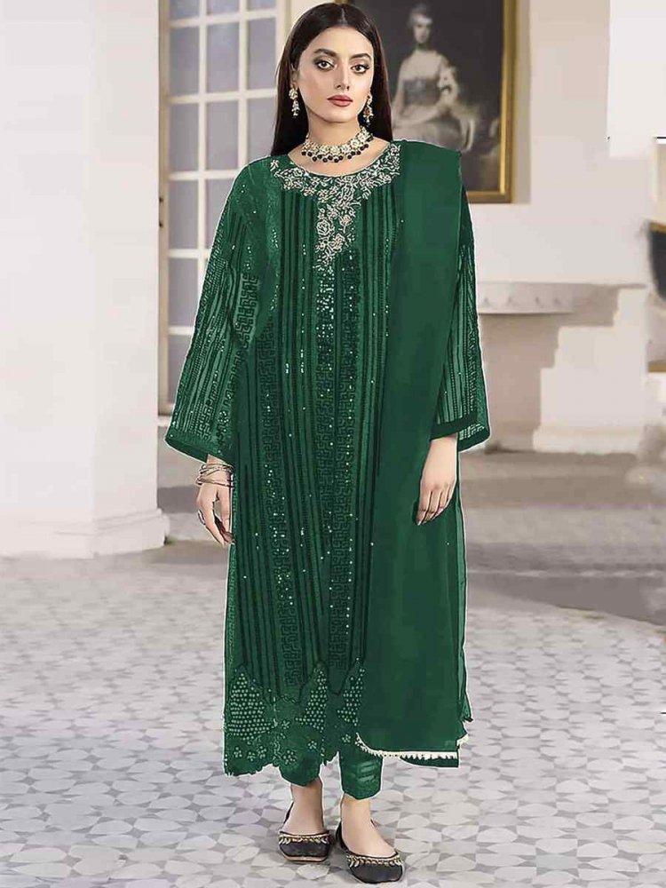 Green Faux Georgette Embroidered Festival Party Pant Salwar Kameez