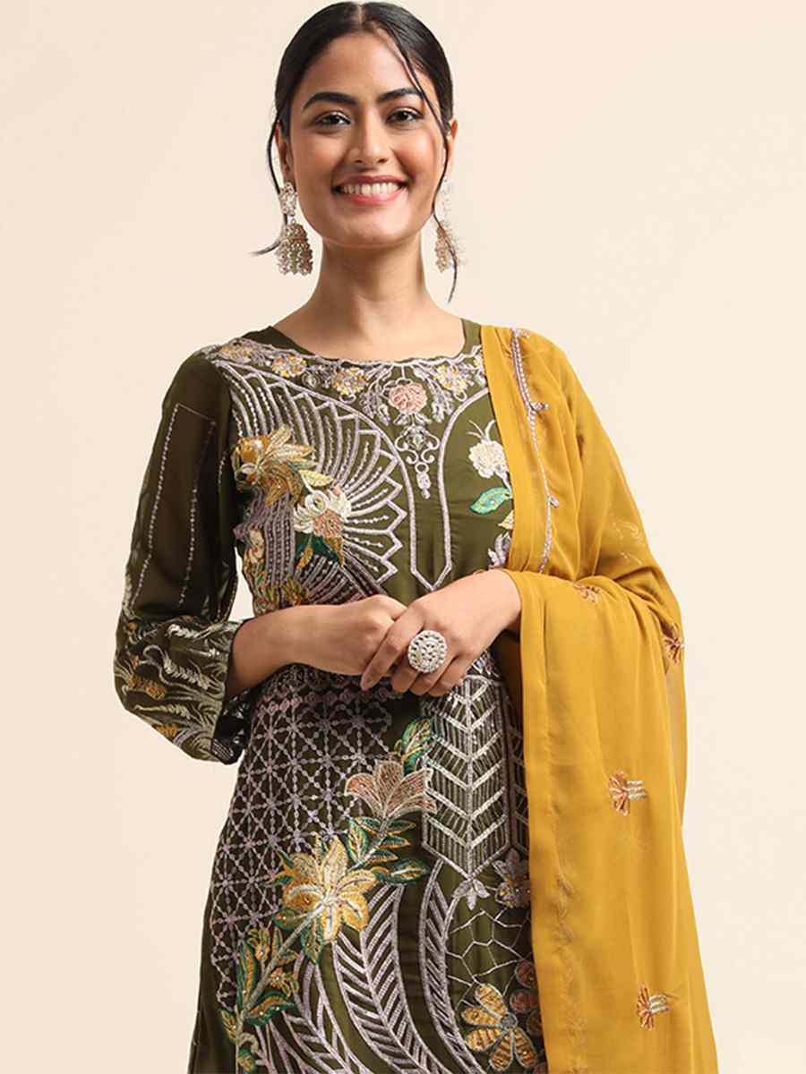 Green Faux Georgette Embroidered Festival Party Pant Salwar Kameez