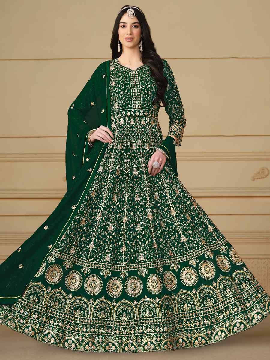 Green Faux Georgette Embroidered Festival Wedding Anarkali Salwar Kameez