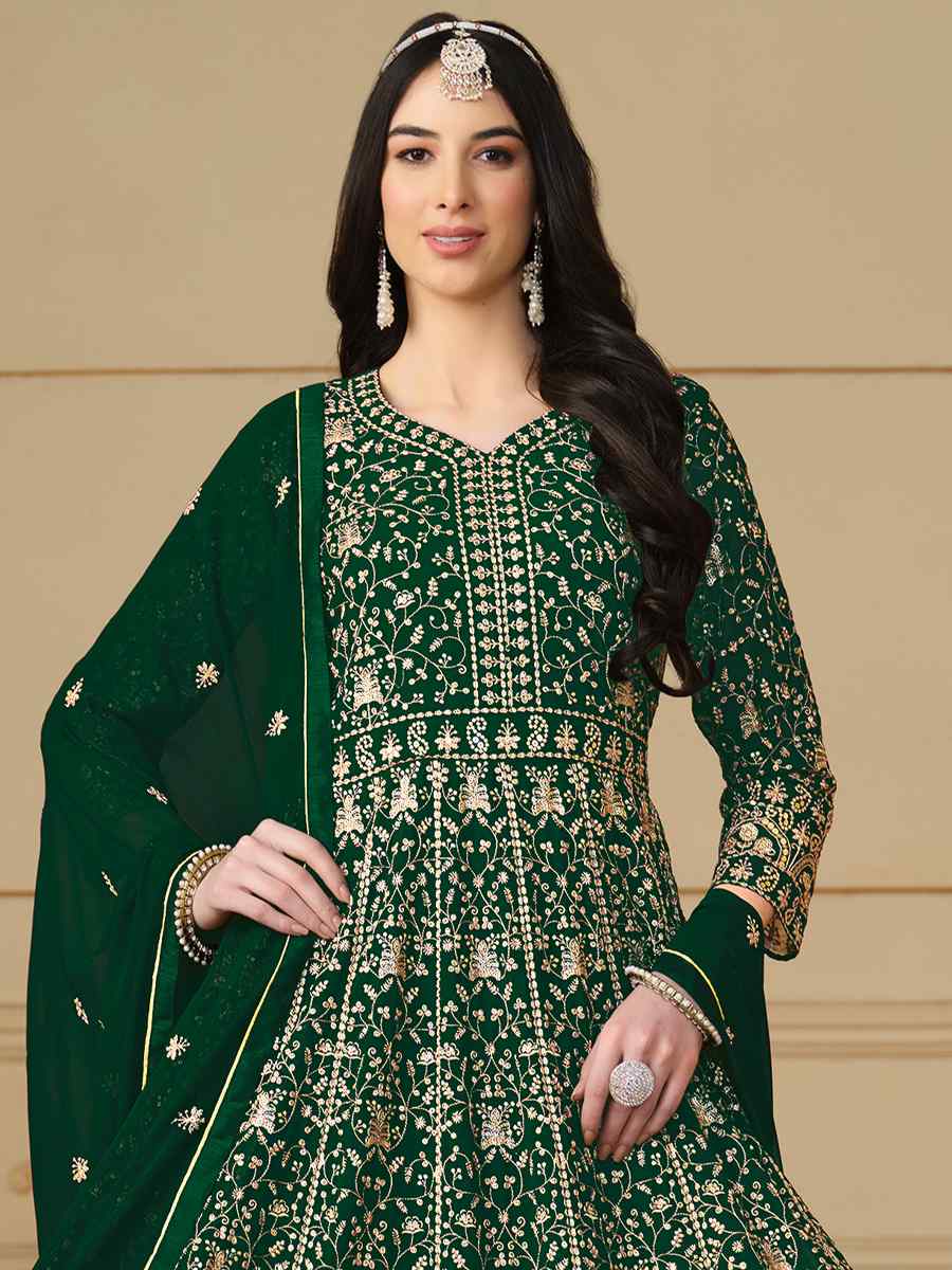 Green Faux Georgette Embroidered Festival Wedding Anarkali Salwar Kameez