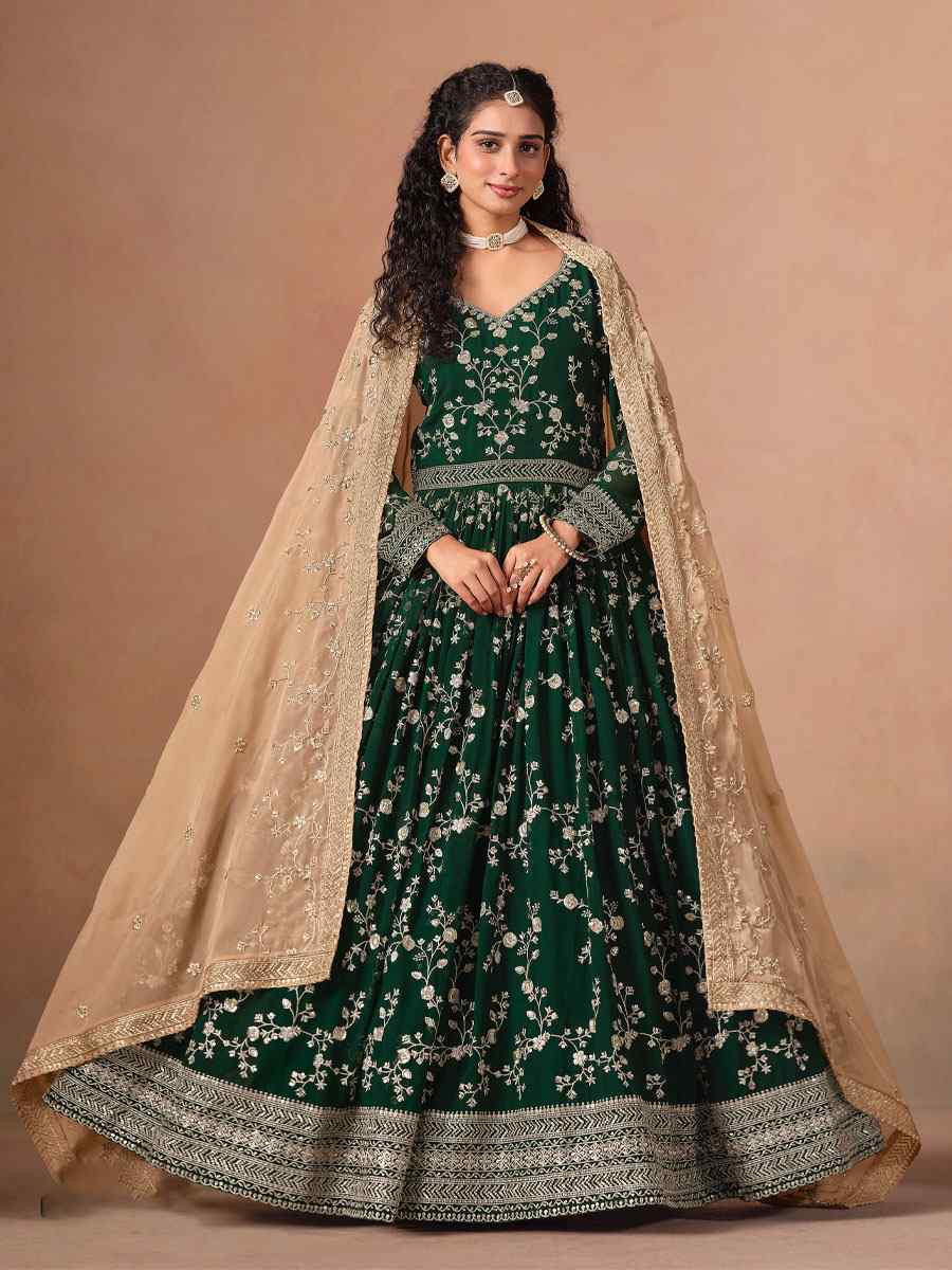 Green Faux Georgette Embroidered Festival Wedding Anarkali Salwar Kameez