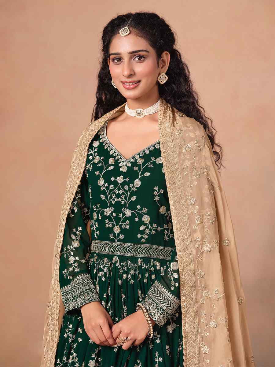 Green Faux Georgette Embroidered Festival Wedding Anarkali Salwar Kameez