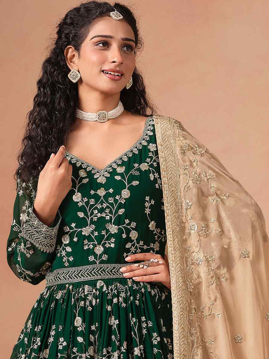Green Faux Georgette Embroidered Festival Wedding Anarkali Salwar Kameez