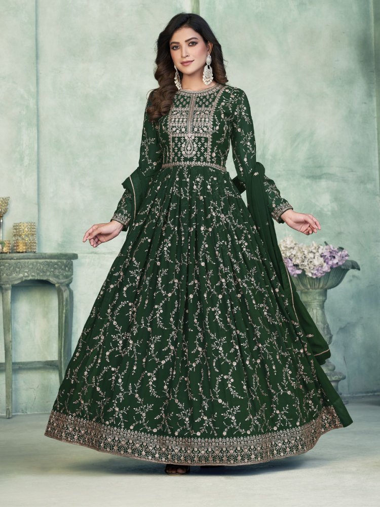 Green Faux Georgette Embroidered Festival Wedding Anarkali Salwar Kameez
