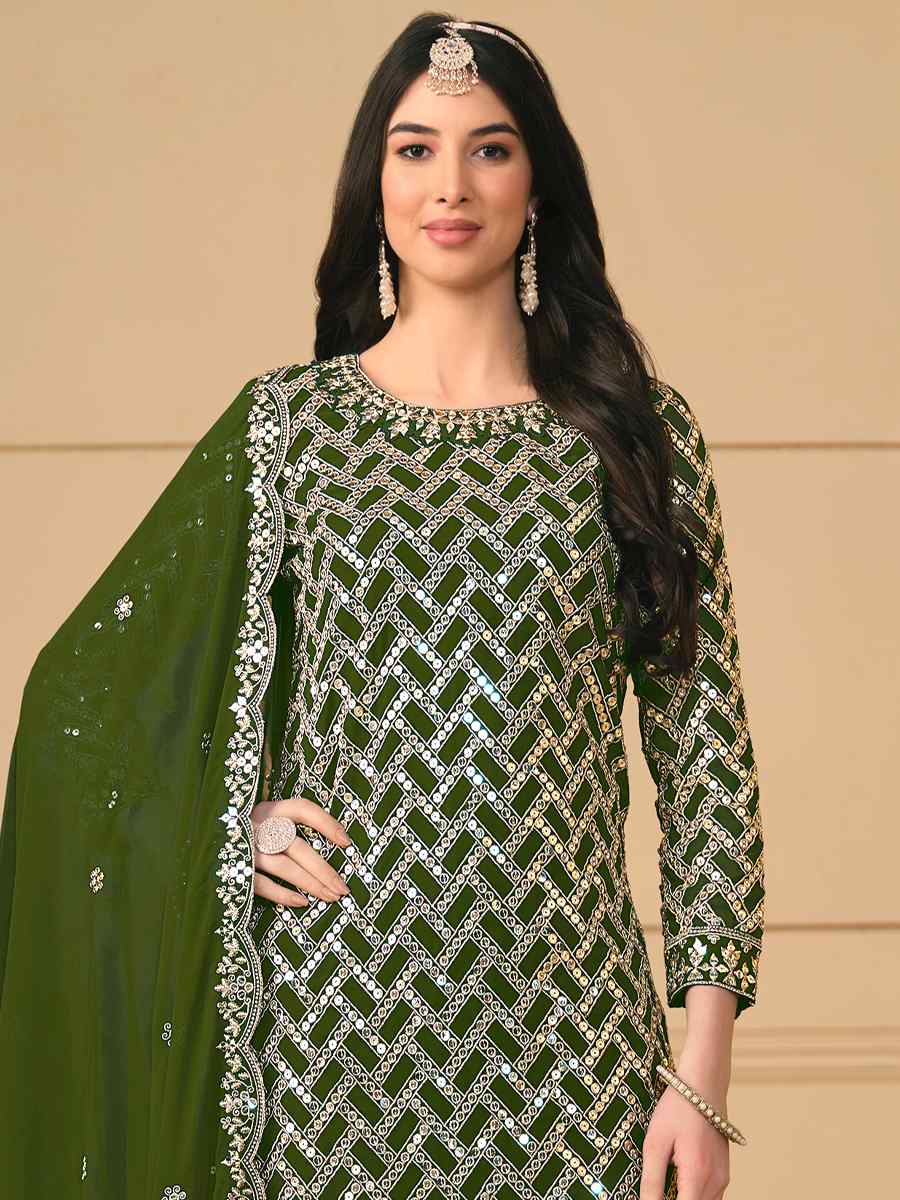 Green Faux Georgette Embroidered Festival Wedding Palazzo Pant Salwar Kameez