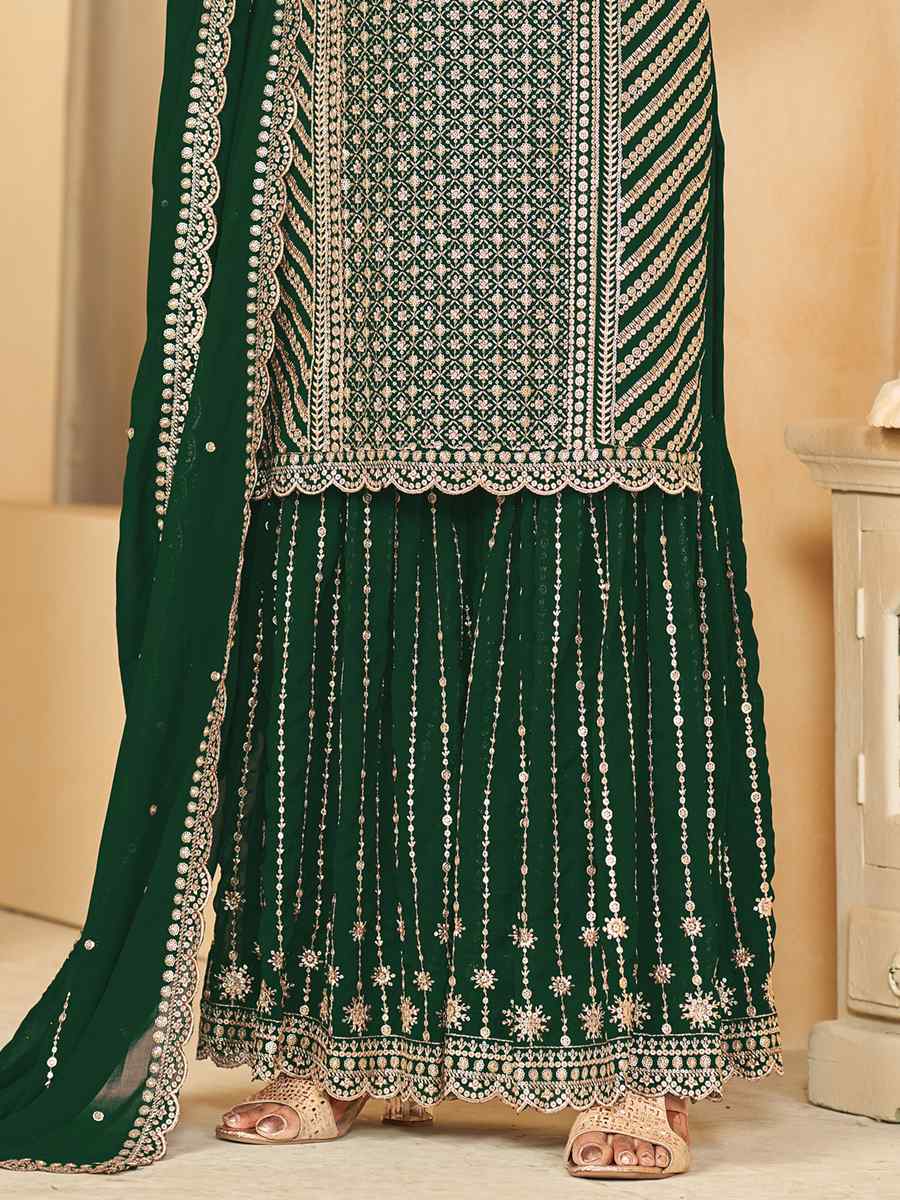 Green Faux Georgette Embroidered Festival Wedding Palazzo Pant Salwar Kameez