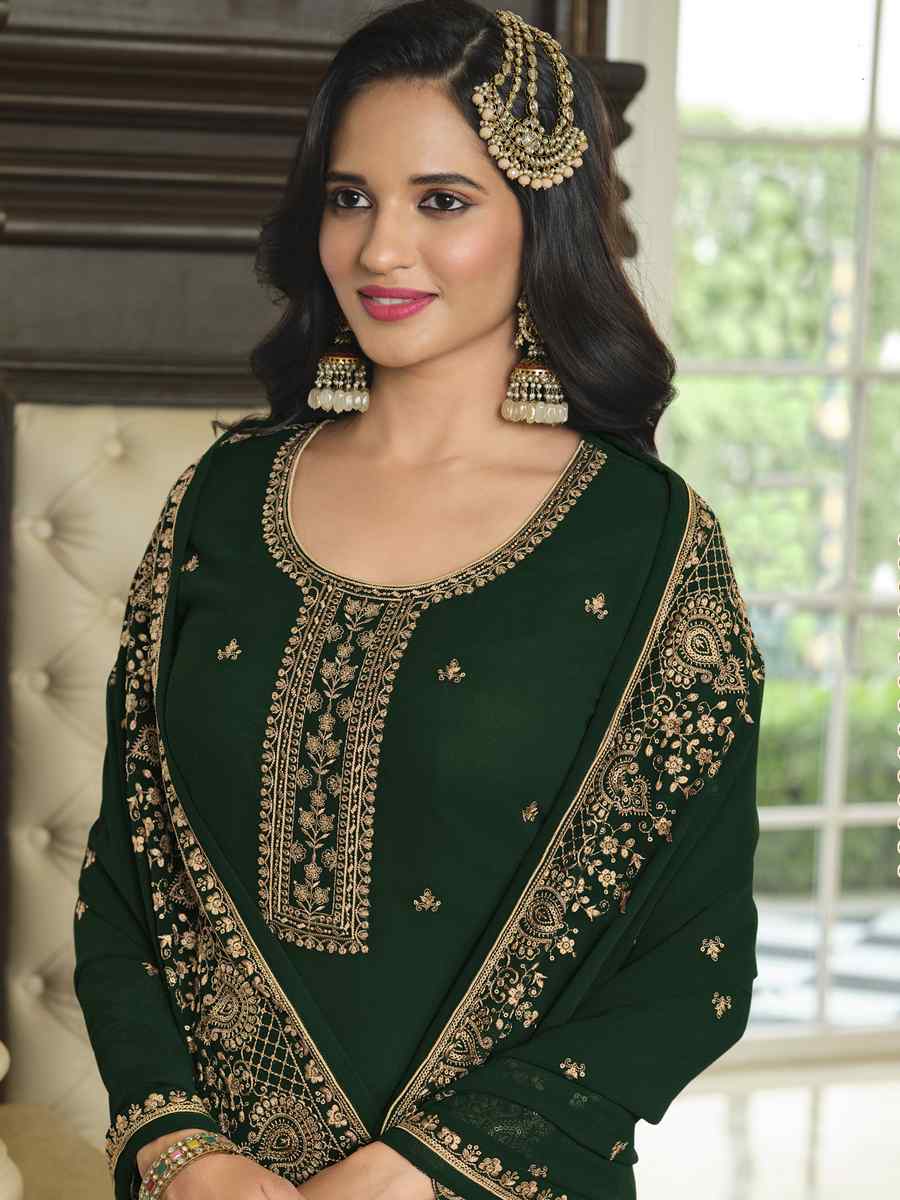 Green Faux Georgette Embroidered Festival Wedding Palazzo Pant Salwar Kameez