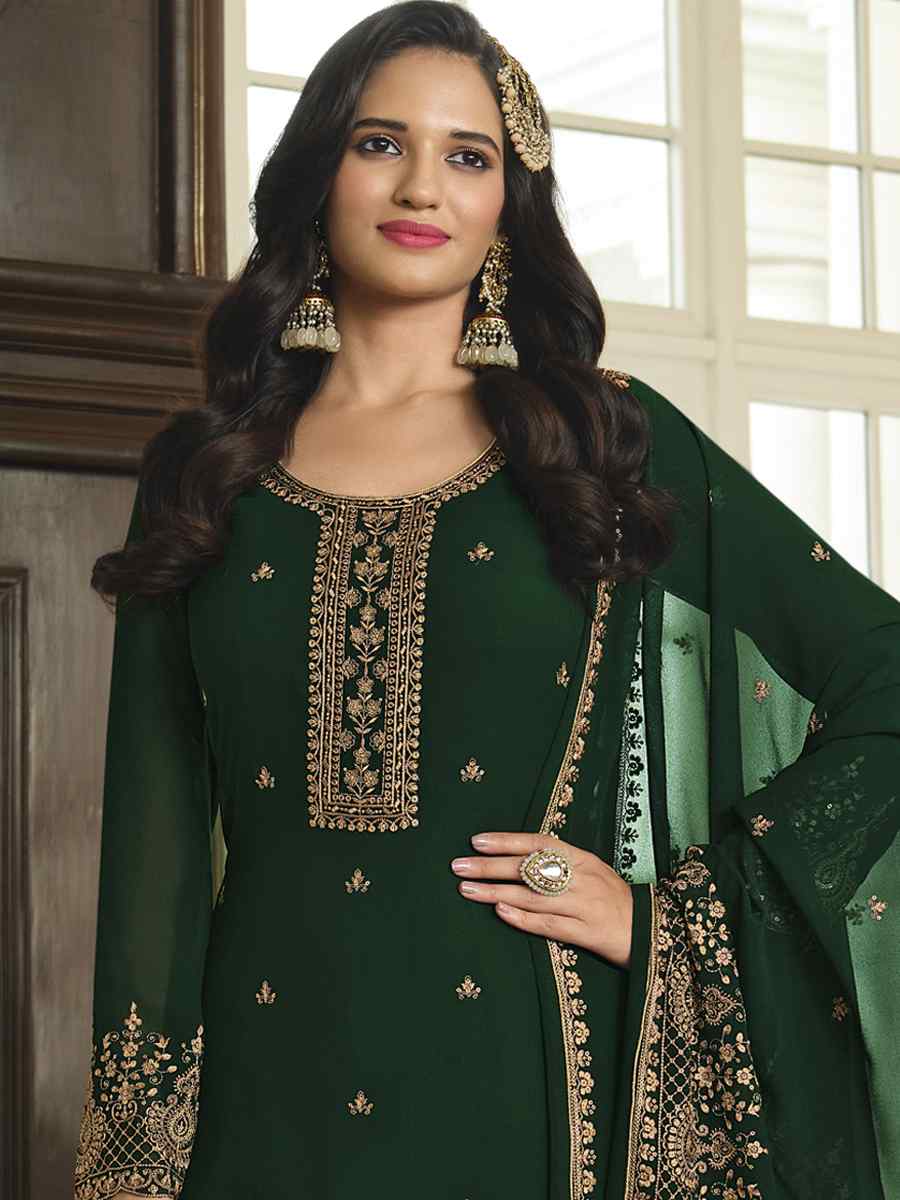 Green Faux Georgette Embroidered Festival Wedding Palazzo Pant Salwar Kameez