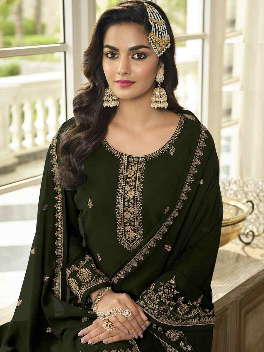 Green Faux Georgette Embroidered Festival Wedding Palazzo Pant Salwar Kameez