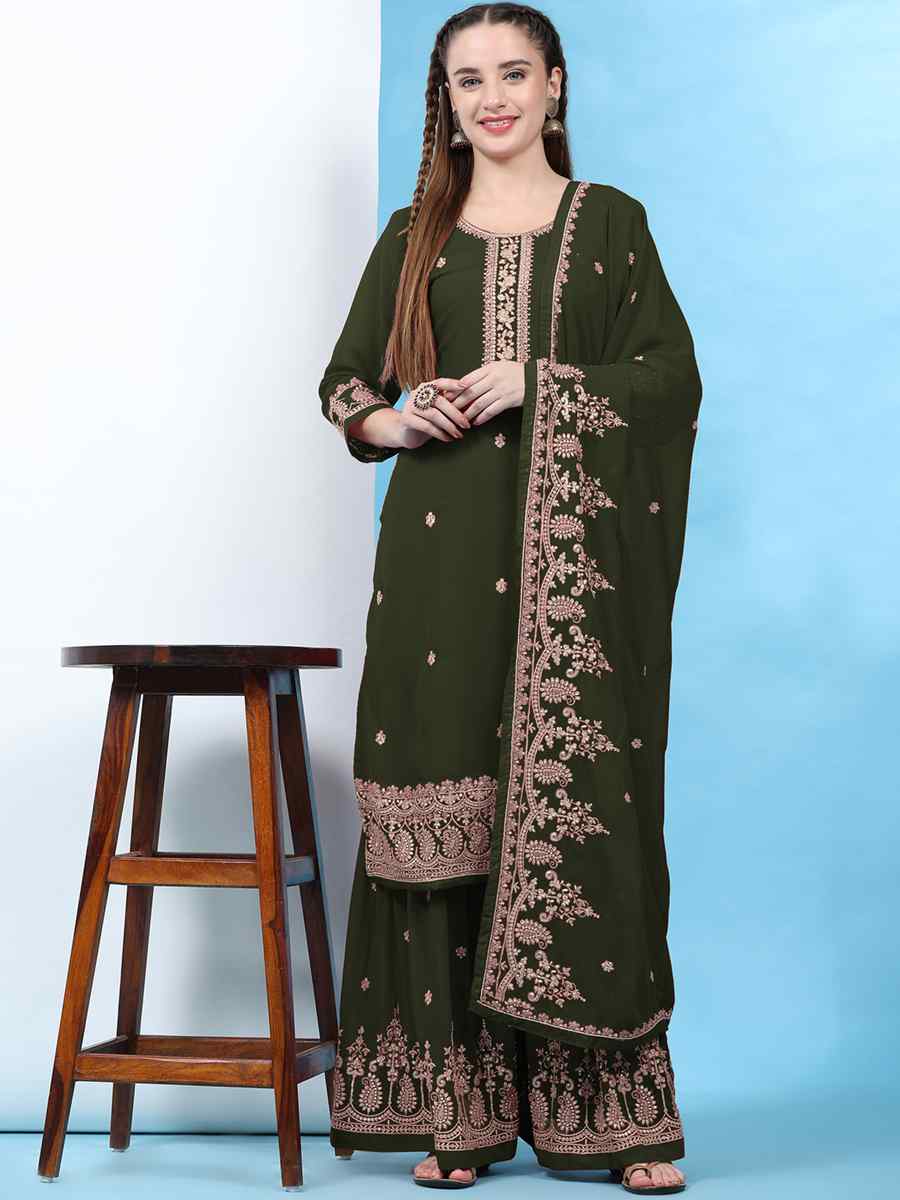 Green Faux Georgette Embroidered Festival Wedding Palazzo Pant Salwar Kameez