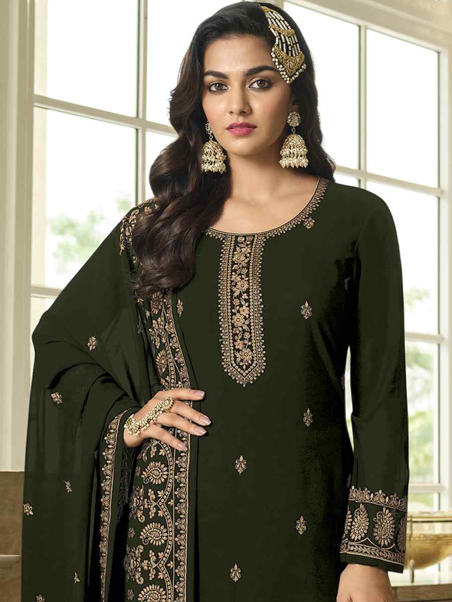Green Faux Georgette Embroidered Festival Wedding Palazzo Pant Salwar Kameez