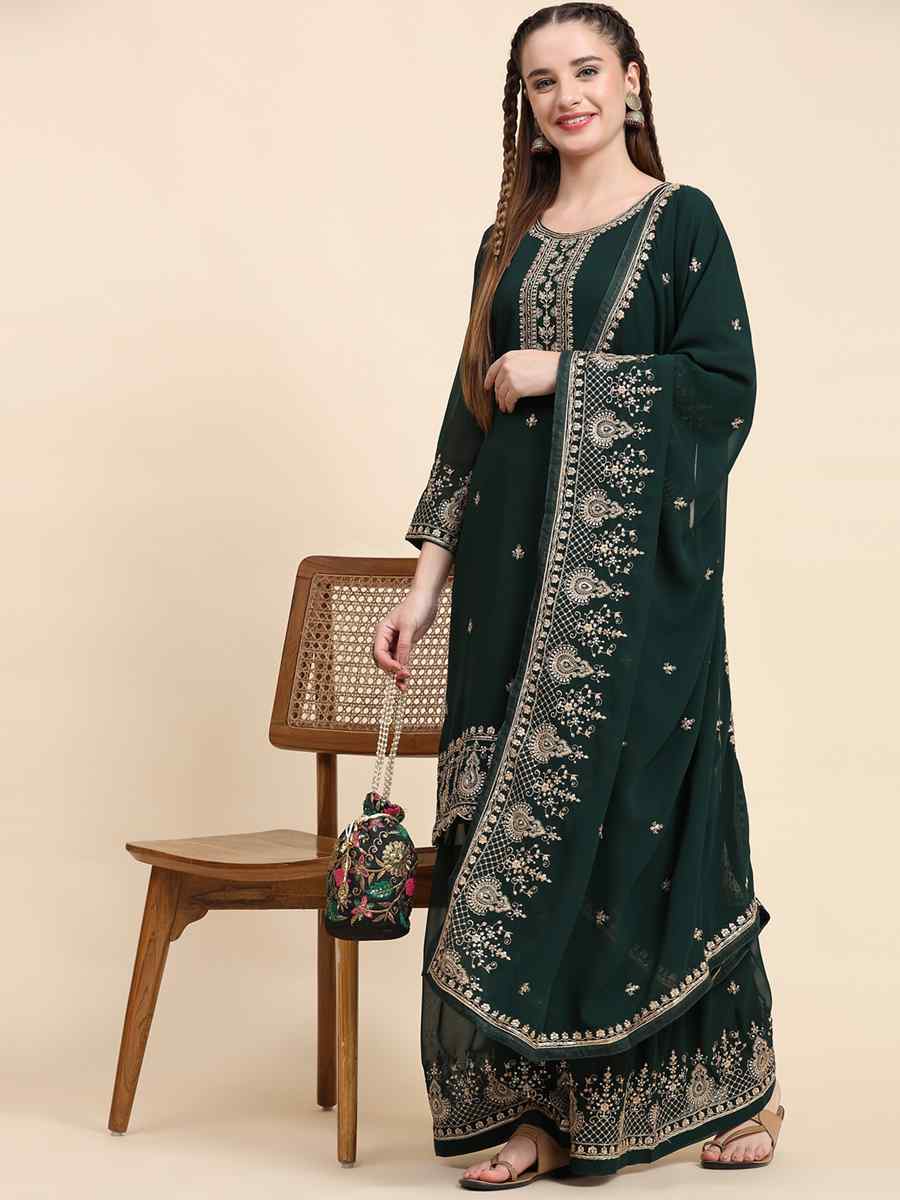 Green Faux Georgette Embroidered Festival Wedding Palazzo Pant Salwar Kameez