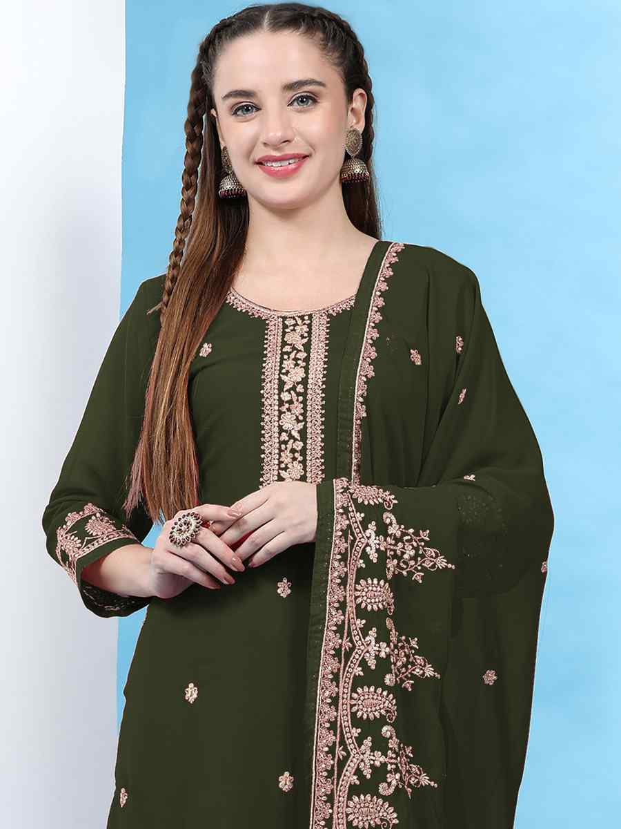 Green Faux Georgette Embroidered Festival Wedding Palazzo Pant Salwar Kameez