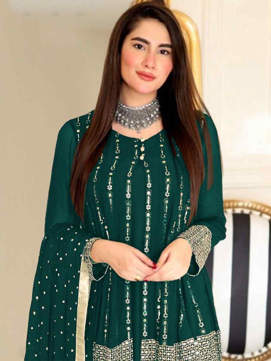 Green Faux Georgette Embroidered Festival Wedding Palazzo Pant Salwar Kameez
