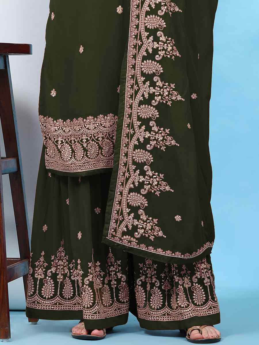 Green Faux Georgette Embroidered Festival Wedding Palazzo Pant Salwar Kameez