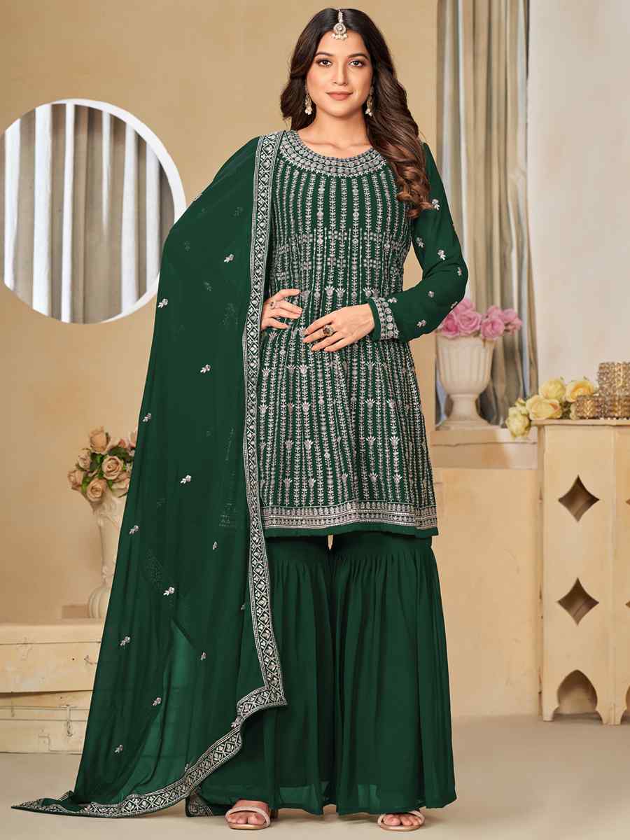 Green Faux Georgette Embroidered Festival Wedding Palazzo Pant Salwar Kameez