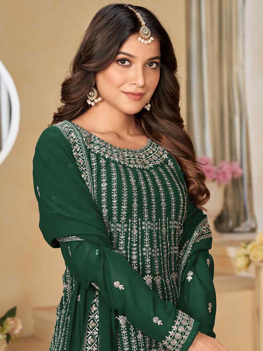 Green Faux Georgette Embroidered Festival Wedding Palazzo Pant Salwar Kameez