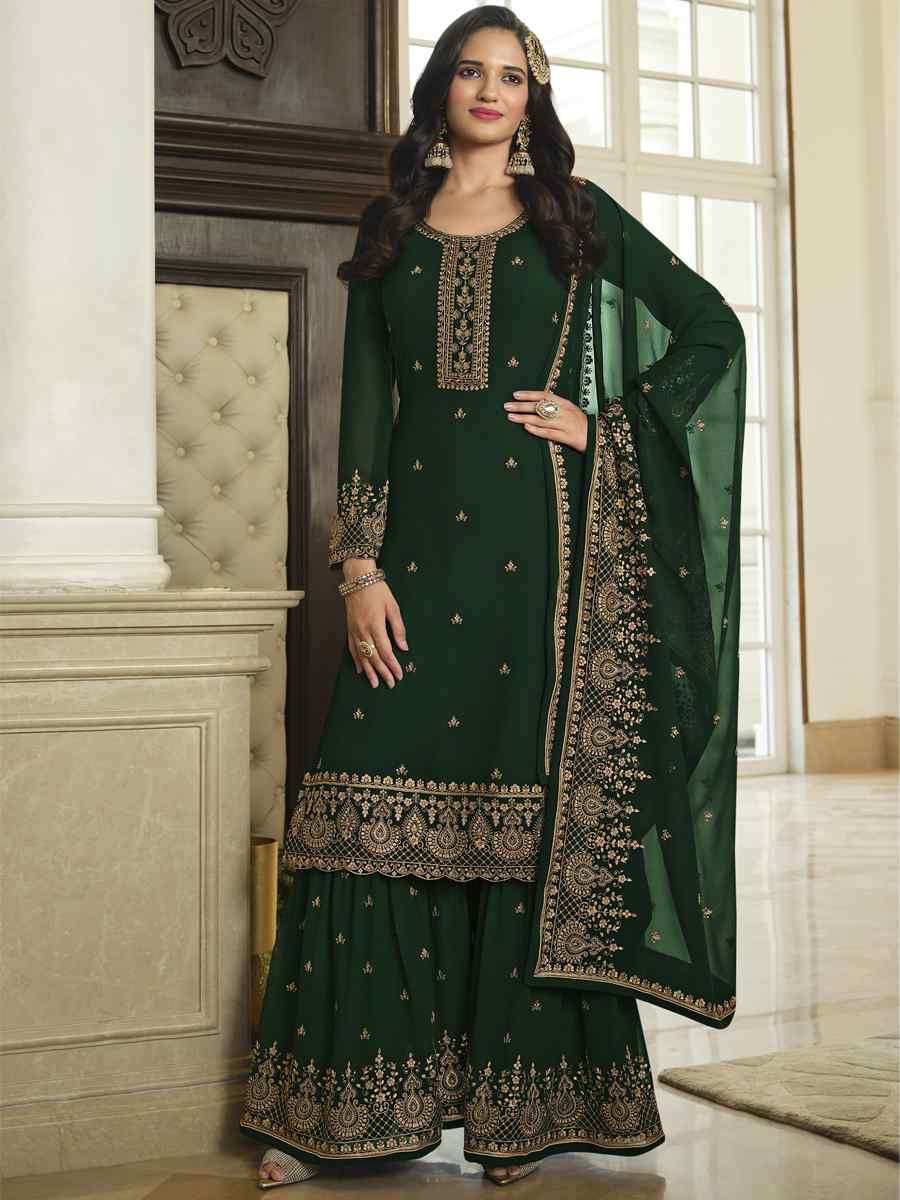 Green Faux Georgette Embroidered Festival Wedding Palazzo Pant Salwar Kameez