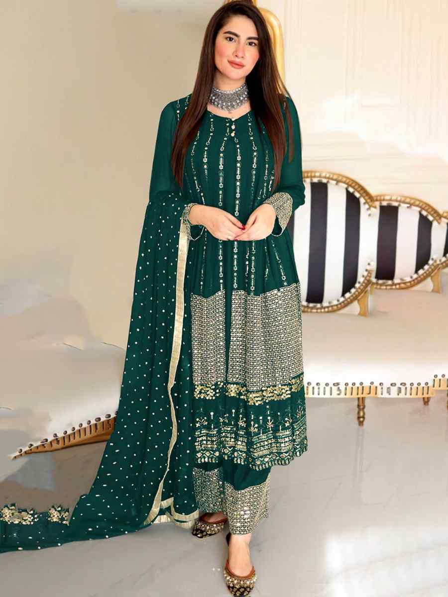 Green Faux Georgette Embroidered Festival Wedding Palazzo Pant Salwar Kameez