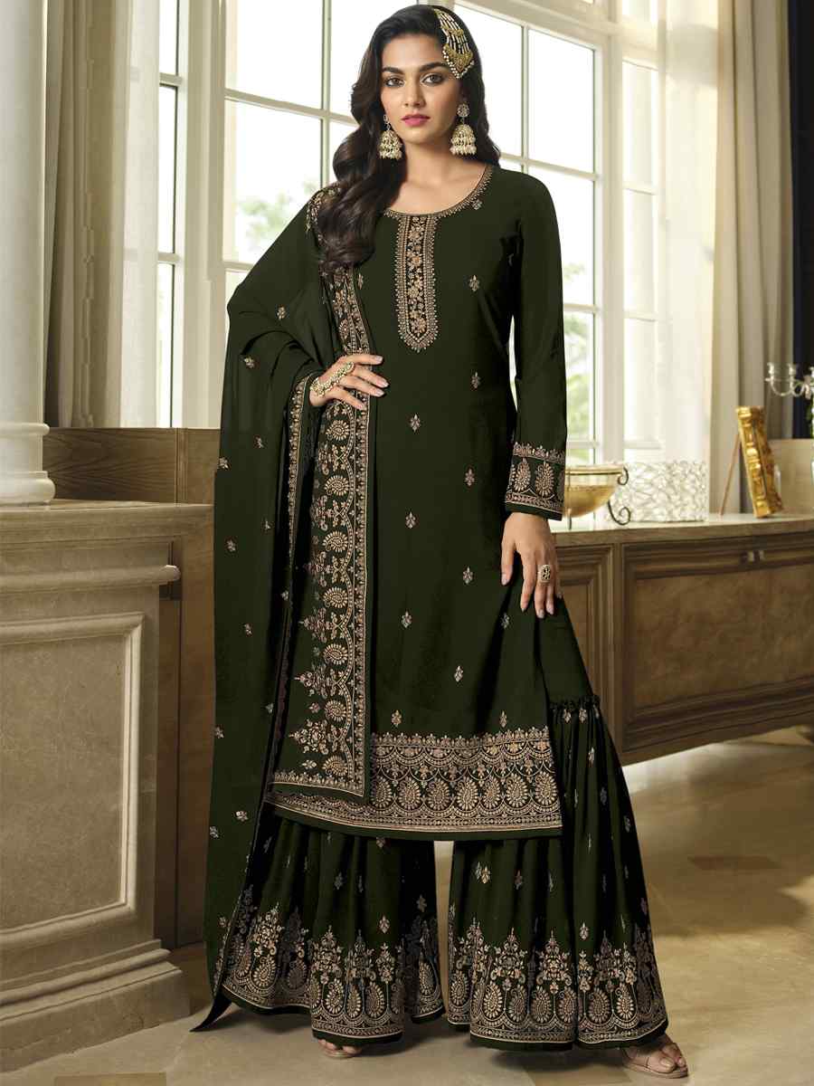 Green Faux Georgette Embroidered Festival Wedding Palazzo Pant Salwar Kameez