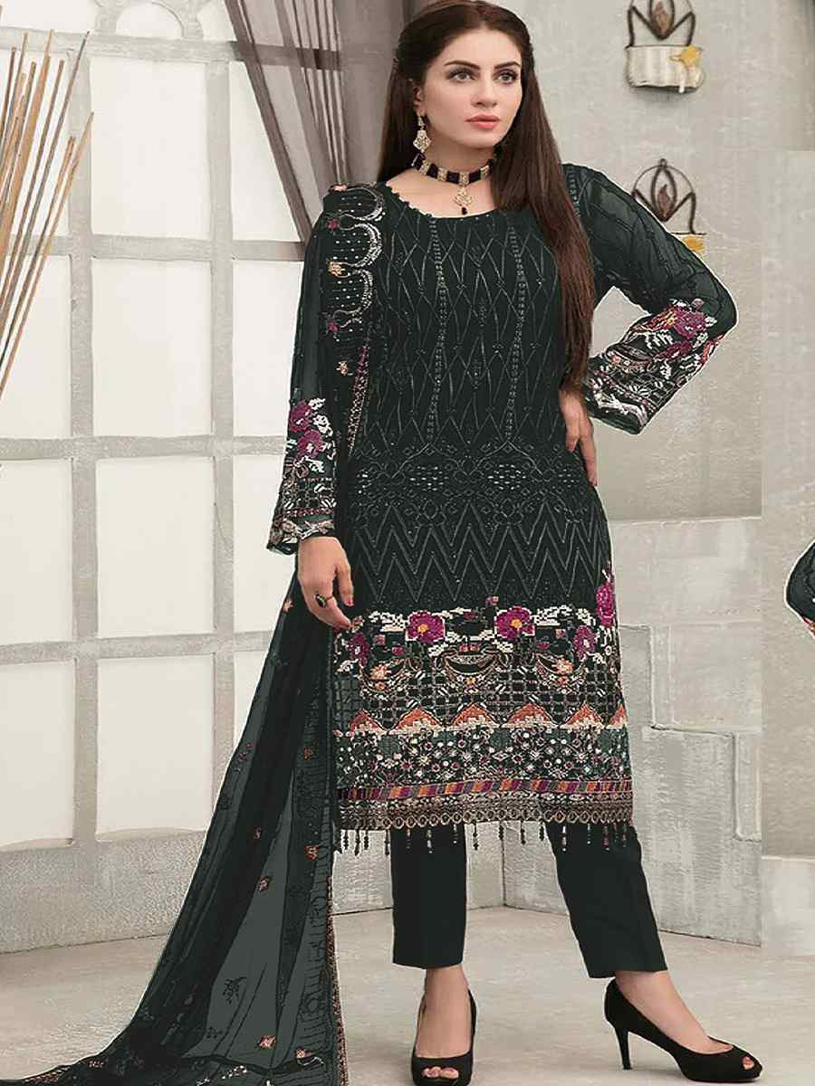 Green Faux Georgette Embroidered Festival Wedding Pant Salwar Kameez