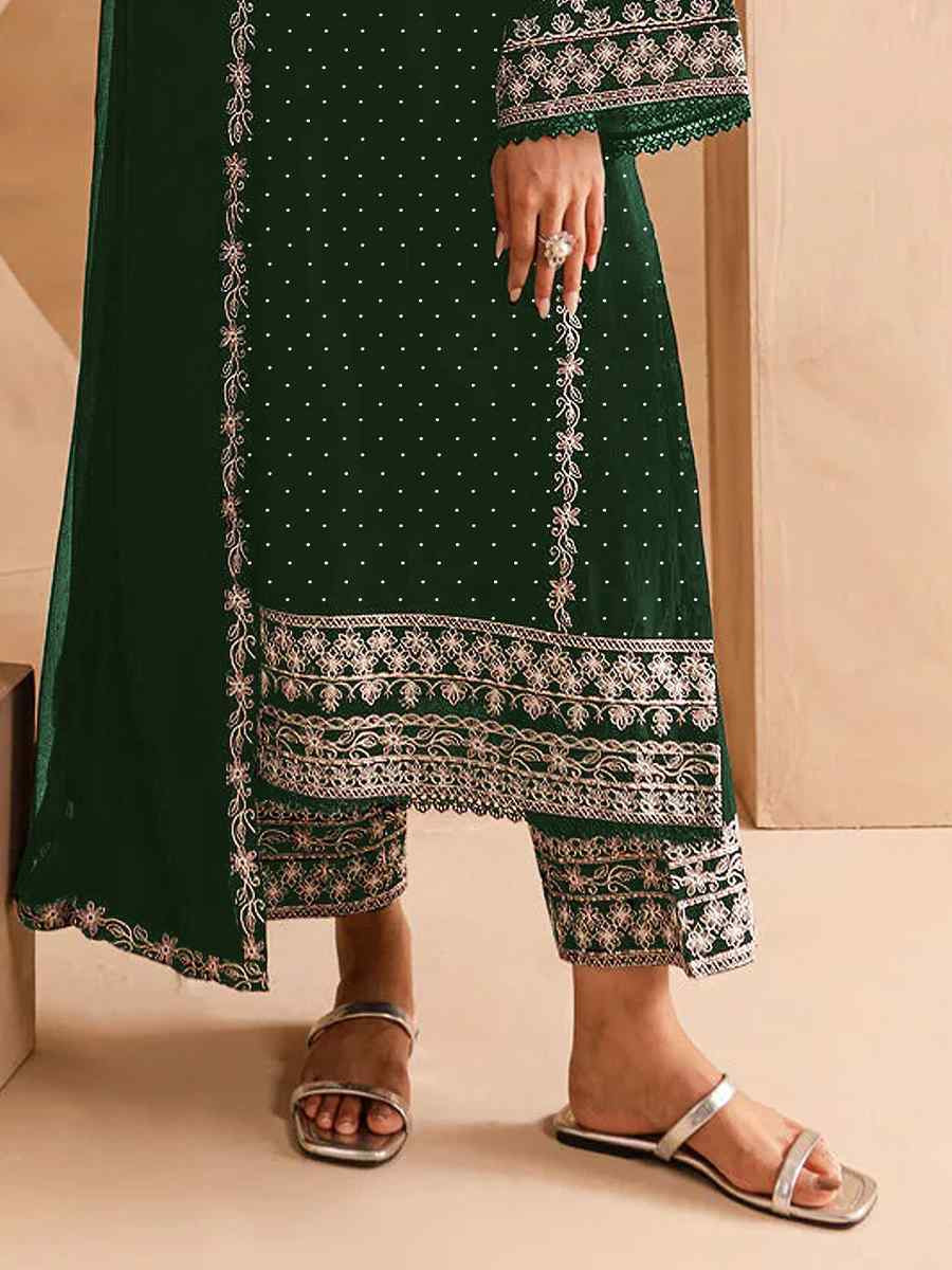 Green Faux Georgette Embroidered Festival Wedding Pant Salwar Kameez