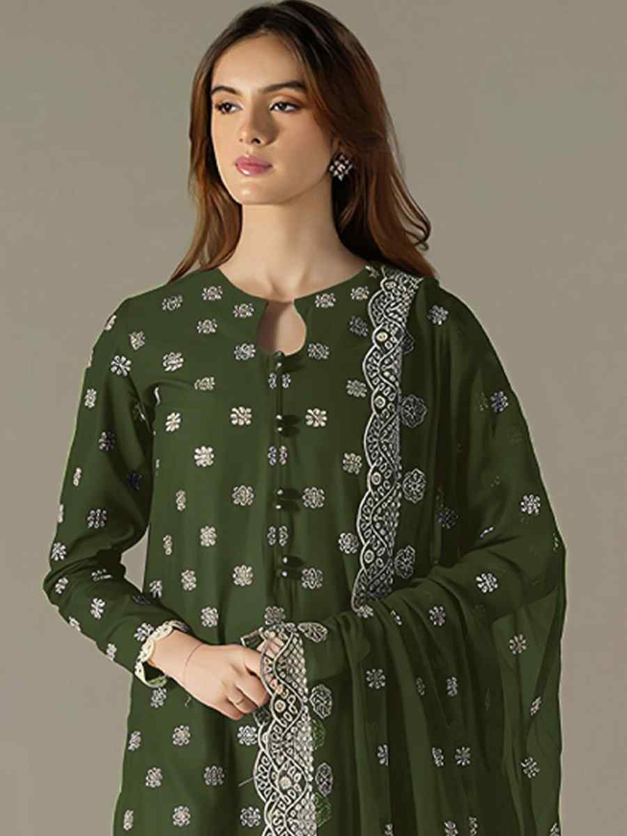 Green Faux Georgette Embroidered Festival Wedding Pant Salwar Kameez