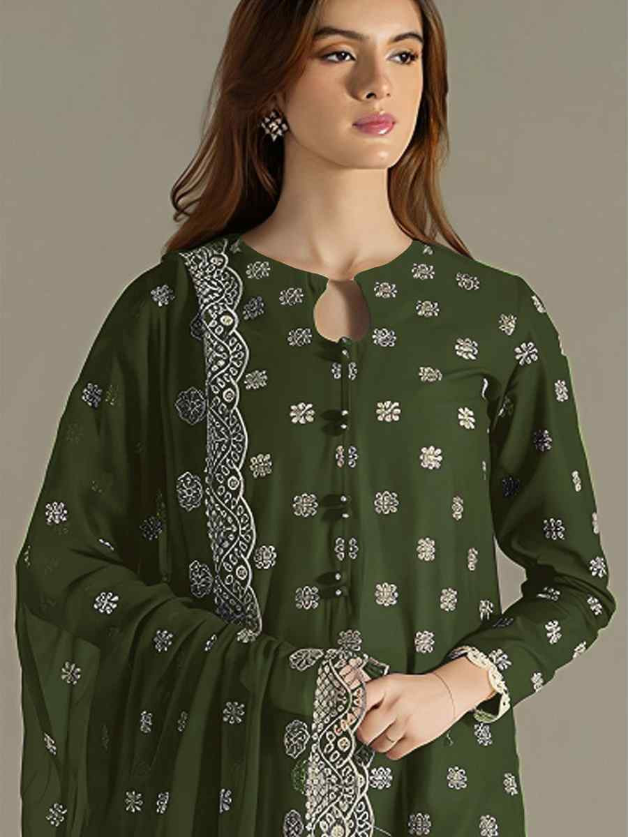 Green Faux Georgette Embroidered Festival Wedding Pant Salwar Kameez
