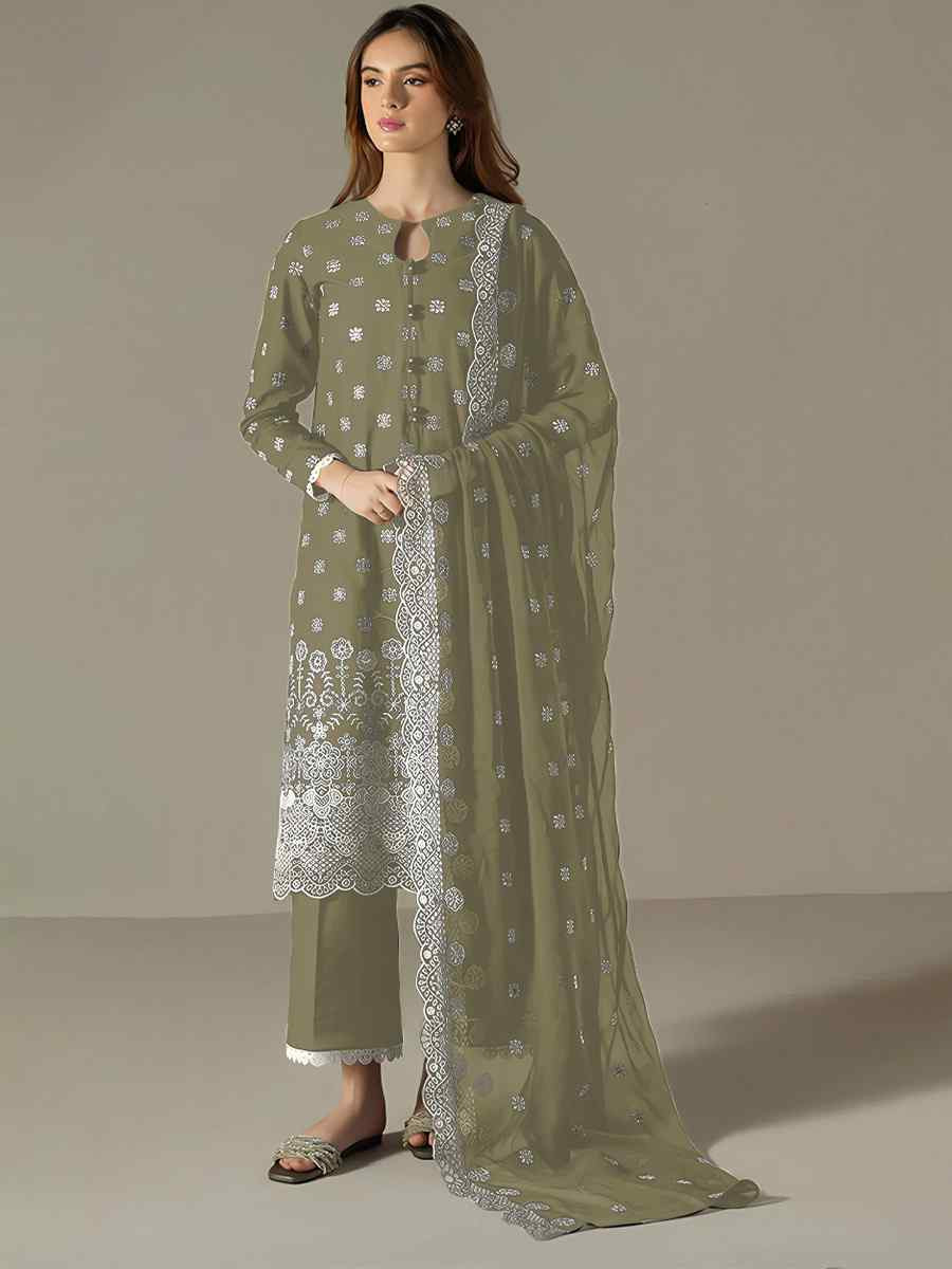 Green Faux Georgette Embroidered Festival Wedding Pant Salwar Kameez
