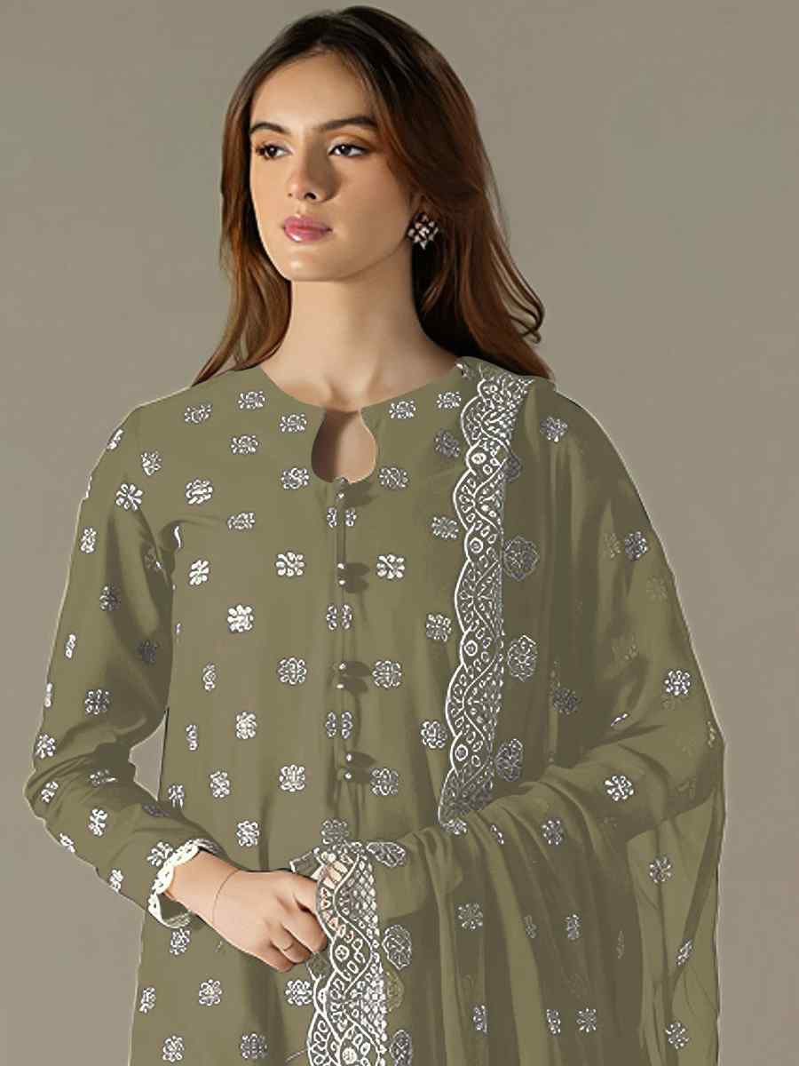 Green Faux Georgette Embroidered Festival Wedding Pant Salwar Kameez