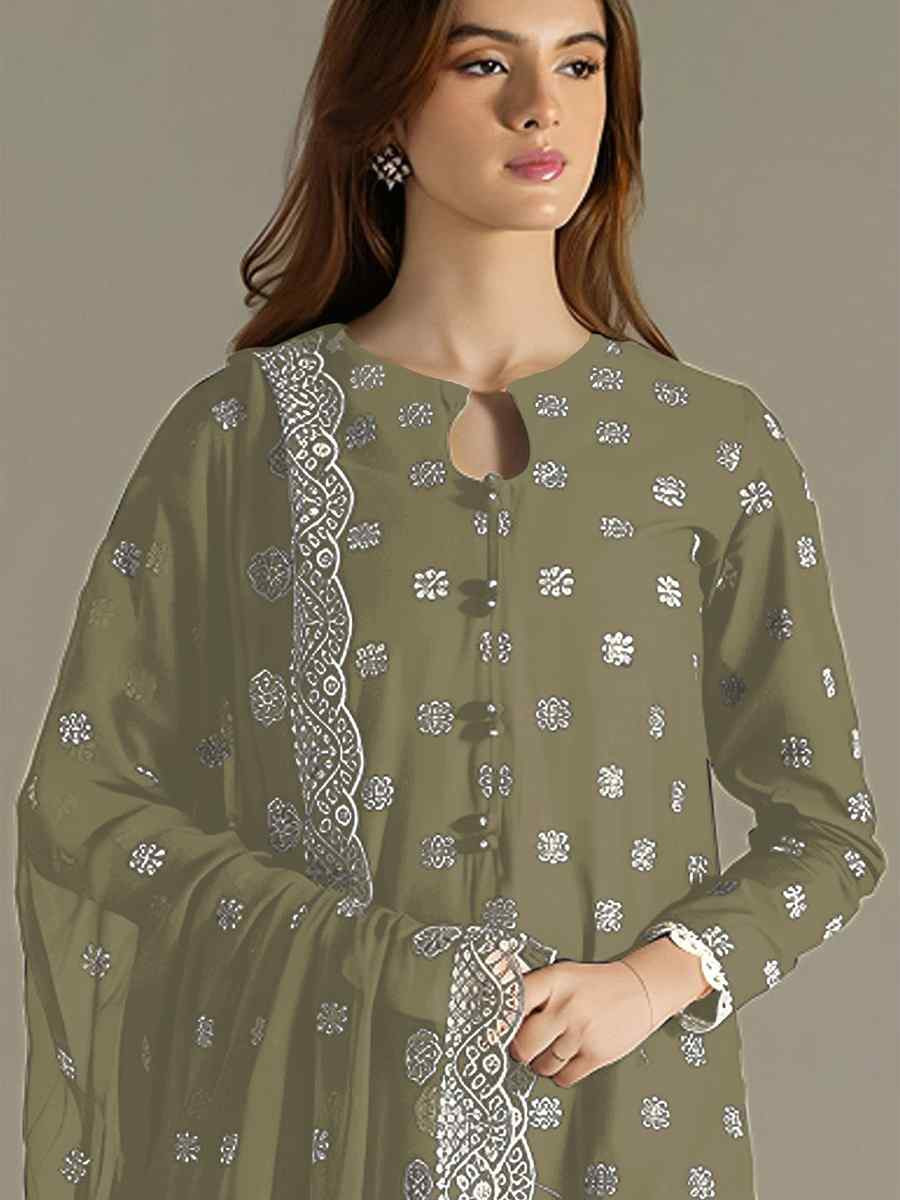 Green Faux Georgette Embroidered Festival Wedding Pant Salwar Kameez