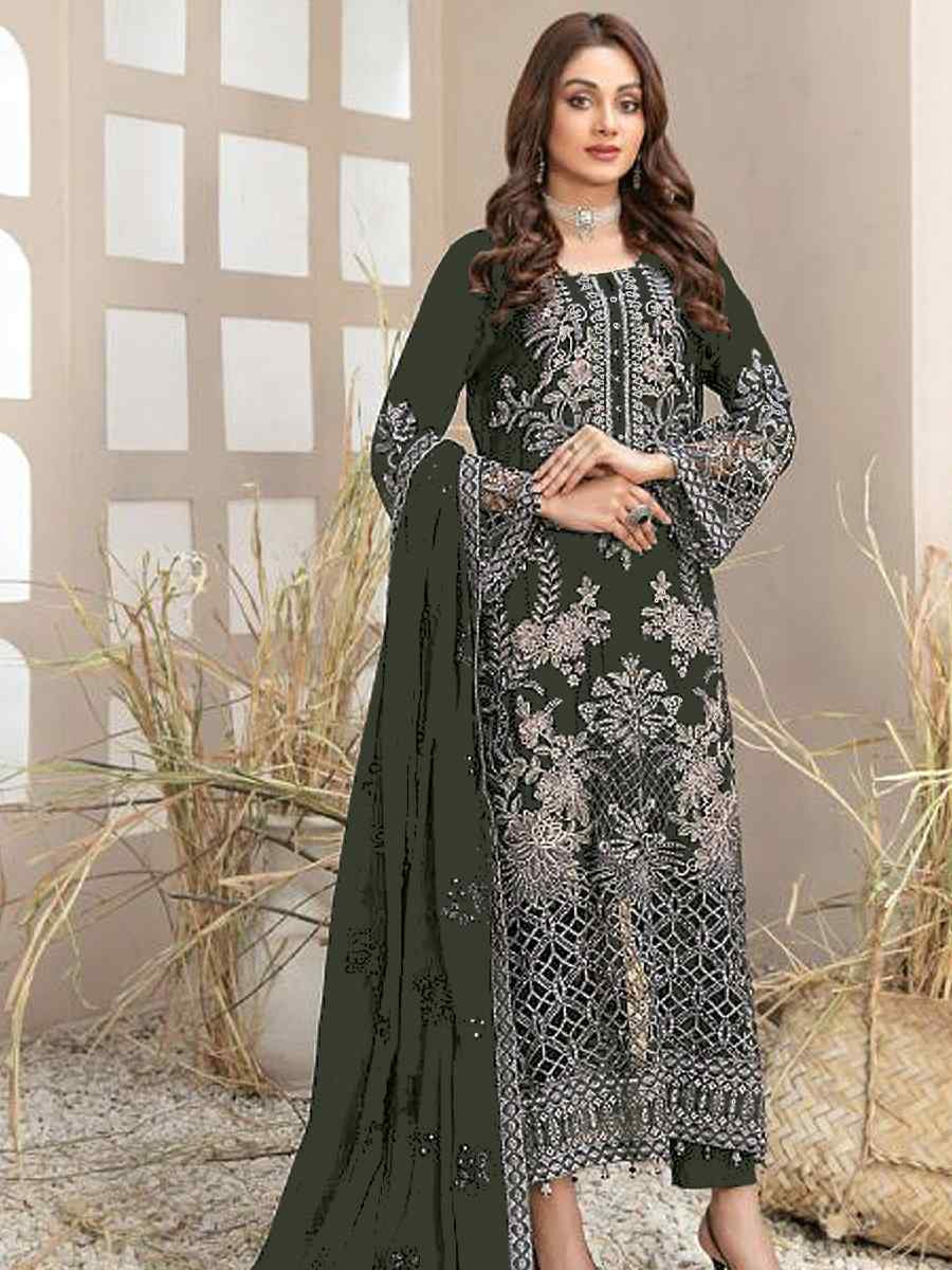 Green Faux Georgette Embroidered Festival Wedding Pant Salwar Kameez