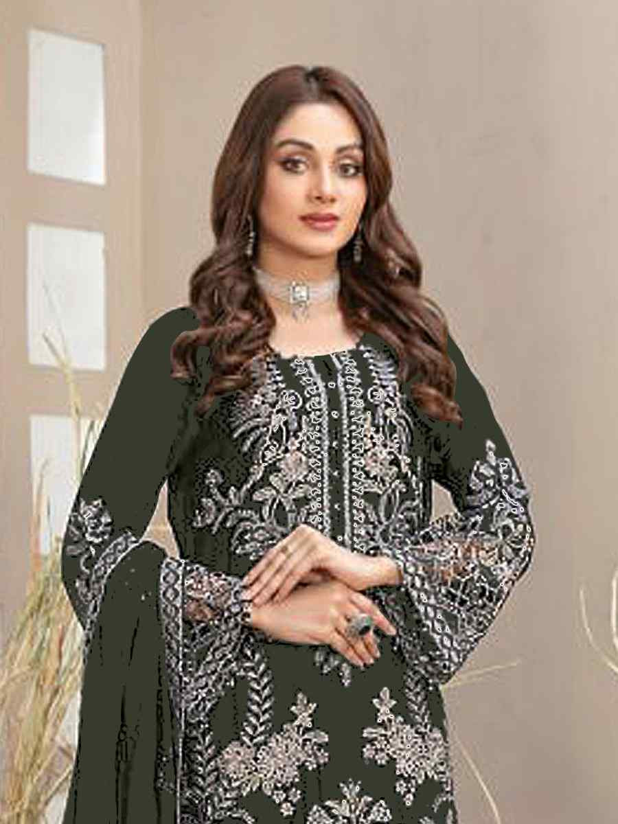 Green Faux Georgette Embroidered Festival Wedding Pant Salwar Kameez