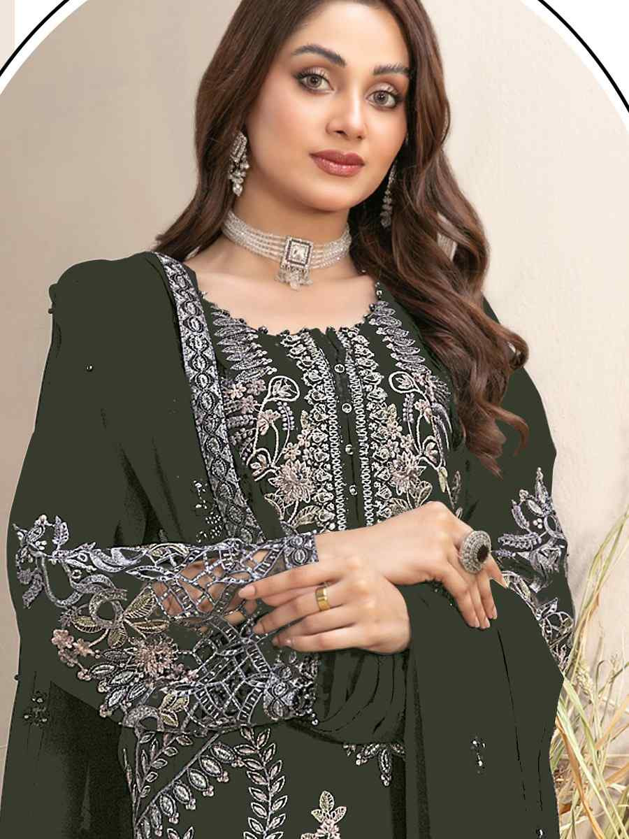 Green Faux Georgette Embroidered Festival Wedding Pant Salwar Kameez