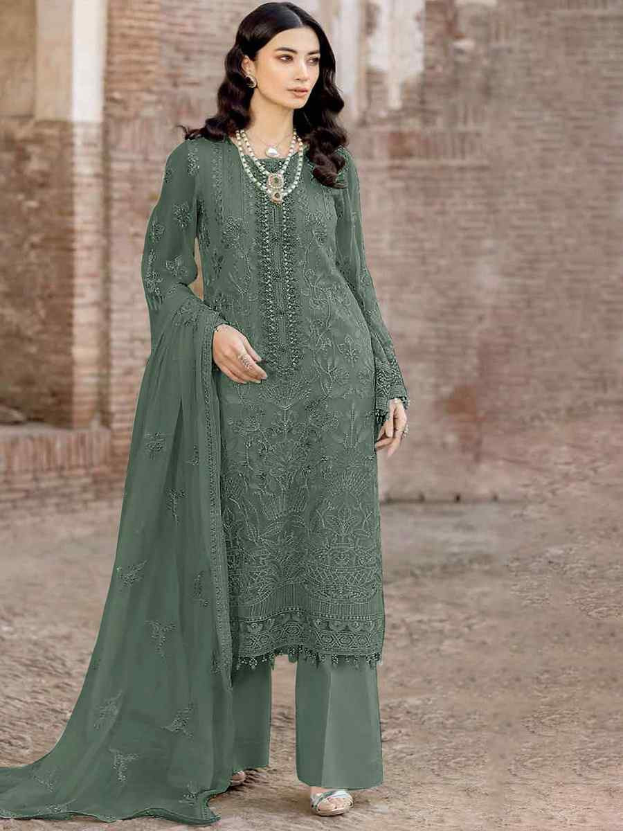 Green Faux Georgette Embroidered Festival Wedding Pant Salwar Kameez