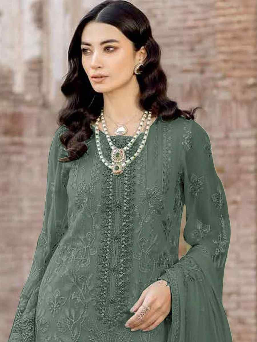 Green Faux Georgette Embroidered Festival Wedding Pant Salwar Kameez
