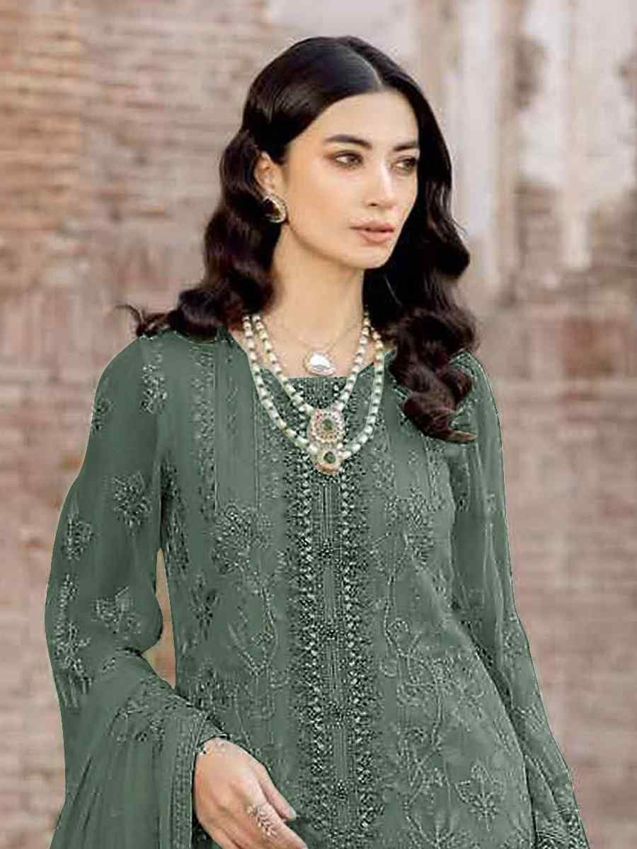 Green Faux Georgette Embroidered Festival Wedding Pant Salwar Kameez