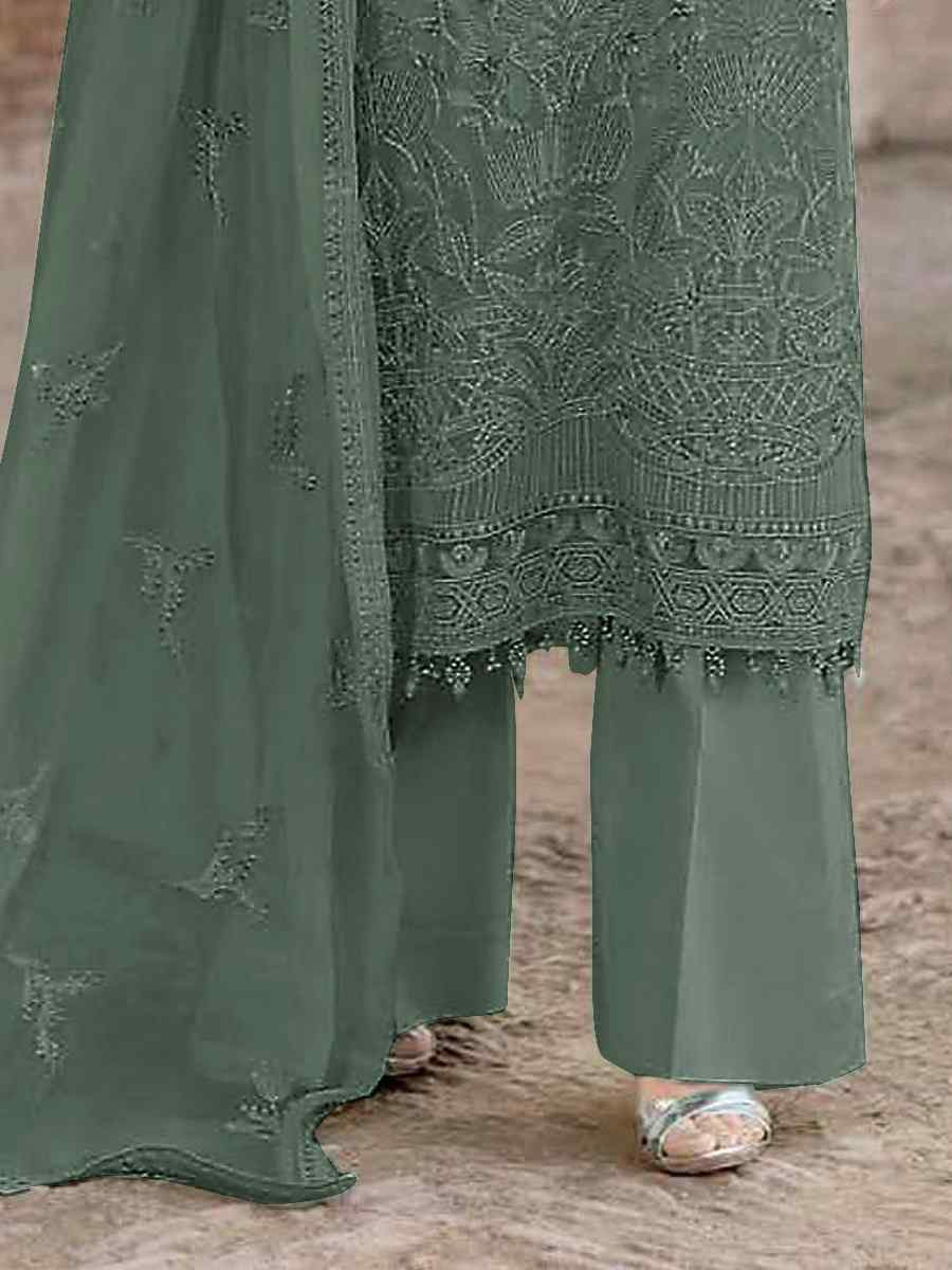 Green Faux Georgette Embroidered Festival Wedding Pant Salwar Kameez