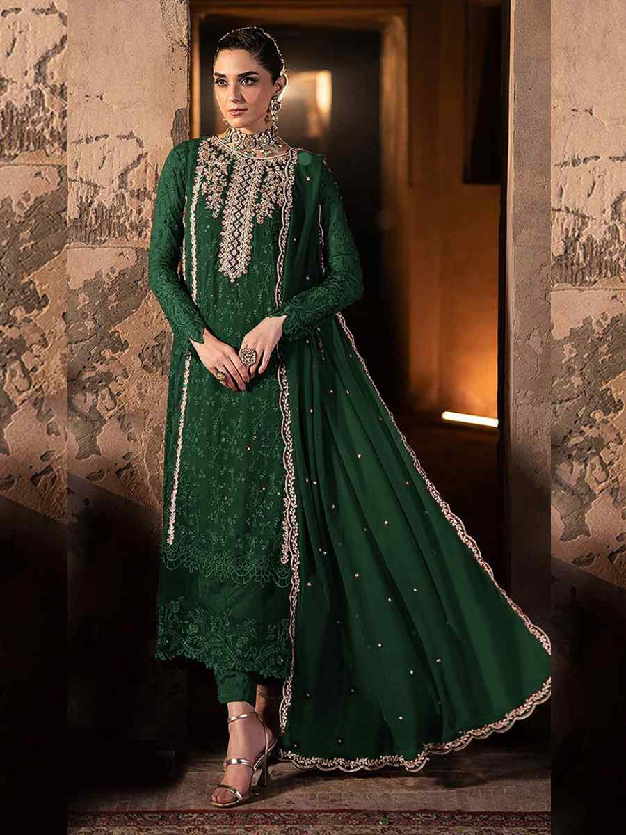 Green Faux Georgette Embroidered Festival Wedding Pant Salwar Kameez