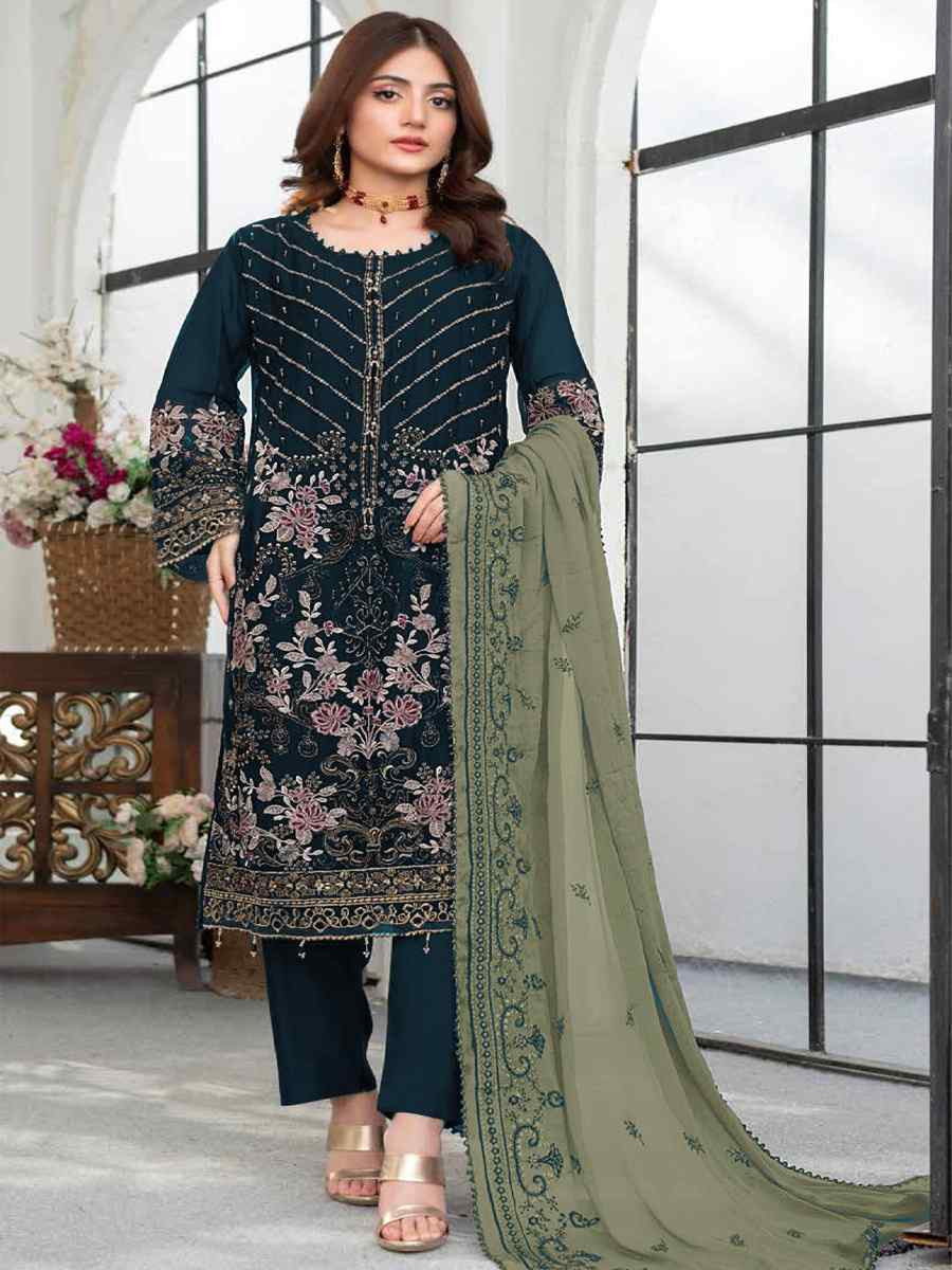 Green Faux Georgette Embroidered Festival Wedding Pant Salwar Kameez